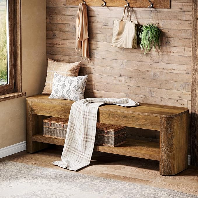 Tribesigns Farmhouse Entryway Bench, 53.5" Wood End of Bed Bench with Shoe Storage, 2-Tier Narrow Indoor Bench for Entryway, Bedroom, Hallway