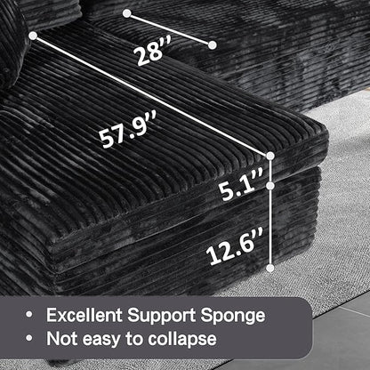 108-inch Boneless Couch for Living Room，Comfy Boneless Sofa with Deep Seats & Chaise Lounge, 3-Seat Modular Sofa Memory Foam Sectional Couches - No Assembly Required(Dark Black)