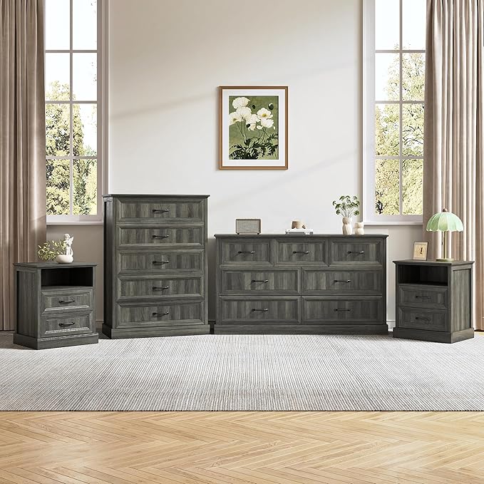 Farmhouse Dresser and Nightstand Sets, 4Pcs Bedroom Furniture Set, Nightstand Set of 2 & 55" Wide 7 Drawer and 44" Tall 5 Drawer Dresser with Large Drawers & Bar Handles, Grey