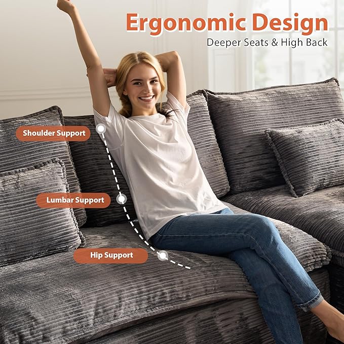 113 in Oversized Cloud Sofa with L Shape Chaise, Sectional Couches for Living Room, Assembly Free Modular Comfy Corduroy Sofa with Right Facing Chaise Longue for Home Apartment (Right Chaise, Gray)