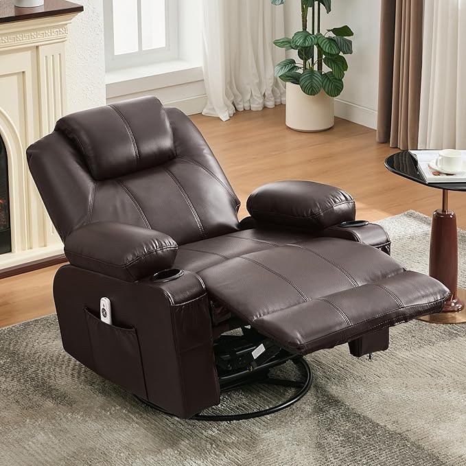 Oversized Swivel Rocker Recliner Sofa Chair with Heat and Massage, 360 Degree Swivel Single Sofa with Cup Holders and USB Port, Big Recliner Chair for Living Room(Leather, Chocolate Brown)