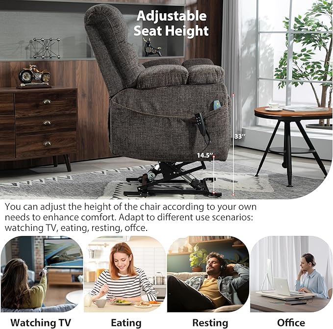 Oversized Zero Gravity Power Lift Recliner Chair for Elderly Adults Big Man Electric Lay Flat Recliner Triple Motor with Heat and Massage, Adjustable Seat Height, Arm Storage, Cup Holder