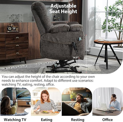 Oversized Zero Gravity Power Lift Recliner Chair for Elderly Adults Big Man Electric Lay Flat Recliner Triple Motor with Heat and Massage, Adjustable Seat Height, Arm Storage, Cup Holder