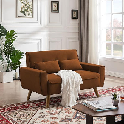48" Small Loveseat Sofa, Mid Century Modern Love Seat Couch with Back Cushions and Plastic Legs, 2 Seater Couches for Living Room, Bedroom, Small Spaces, Orange