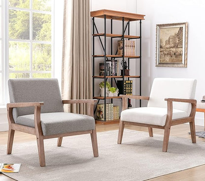 HNY Mid Century Armchair with Hardwood Frames, Linen Upholstered Living Room Chair, for Living Room Bedroom, Light Grey