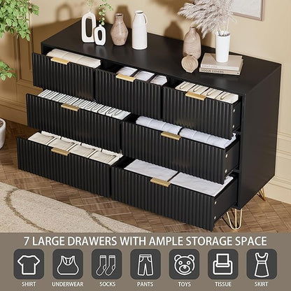 Dresser for Bedroom, Modern Fluted 47.2" Wide Chest of Drawers with Gold Pulls and 7 Drawers, 15.7" D x 47.2" W x 31.4" H, Black