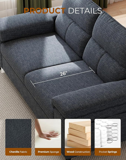 71.25" Modern Sofa Couch for Living Room, Deep Seat Sofas with 8”Cushion, Comfy 2-Seater Chenille Loveseat with Convertible Armrest, Removable Sofa Cover, High Leg(Blue)