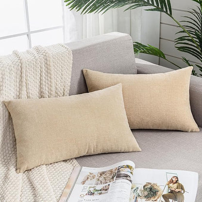 GAWAMAY Decorative Rectangle Throw Pillow Covers 12"x20" Inch Set of 2, Soft Chenille Fall Lumbar Support Pillow Cases for Living Room Bedroom Sofa Couch Cushion Cover Beige 30x50cm (No Inserts)