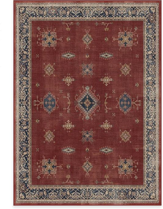 RUGGABLE Washable Vintage Area Rug – Verena Amber Red 5x7, Stain-Resistant, Non-Slip – Medium Machine Washable Rugs for Living Room, Bedroom, Hallway, Entryway & Office–with Standard Pad
