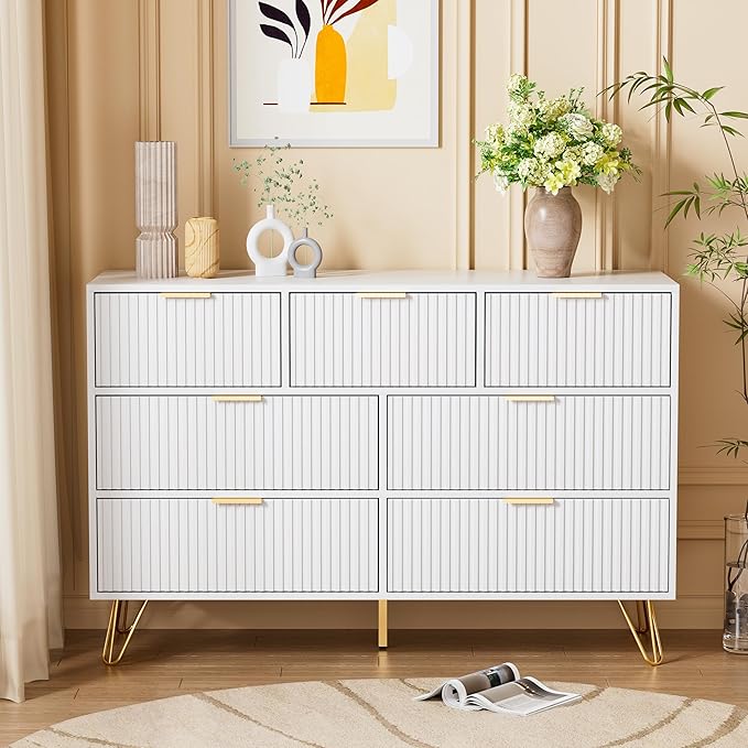 Dresser for Bedroom, Modern Fluted 47.2" Wide Chest of Drawers with Gold Pulls and 7 Drawers, 15.7" D x 47.2" W x 31.4" H, White