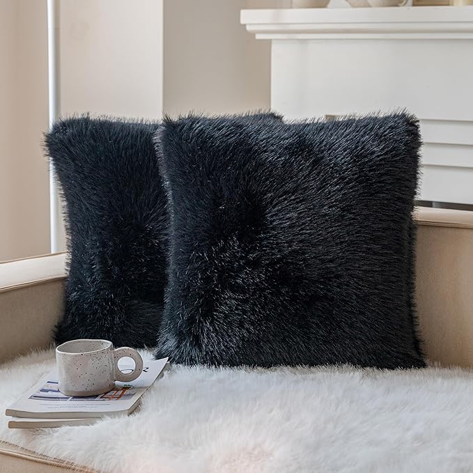 Neelvin Black Faux Fur Cozy Fluffy Double-Sided Decorative Throw Pillow Covers 24x24 inch Set of 2,Velvet Pillowcase Cushion Case for Sofa Couch