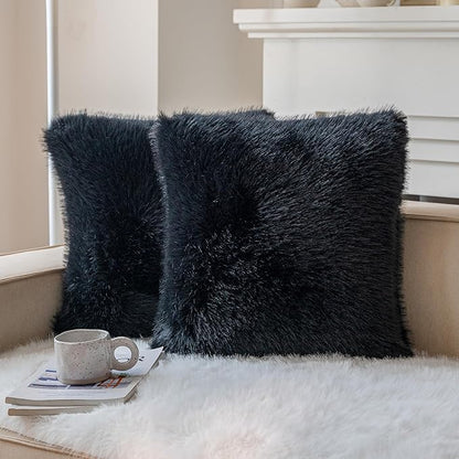 Neelvin Black Faux Fur Cozy Fluffy Double-Sided Decorative Throw Pillow Covers 24x24 inch Set of 2,Velvet Pillowcase Cushion Case for Sofa Couch