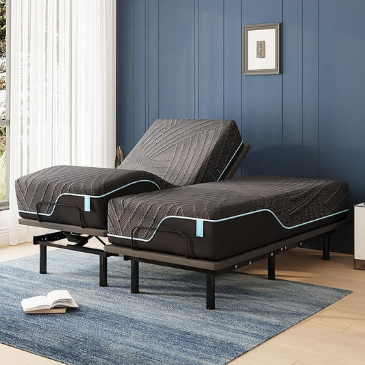 Split King Adjustable Bed Frame with 14 inch Cooling Copper Memory Foam Mattress, Wireless Remote & Head and Foot Incline, CertiPUR-US Certified & Fiberglass Free, Zero Gravity, 80" × 76"
