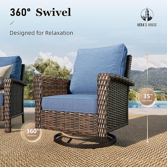 HERA'S HOUSE Oversized Patio Wicker Chairs, High Back Outdoor Swivel Chairs Set of 2 with Rattan Side Table, 5.5" Thick Cushions, 3-Piece Patio Furniture Sets for Deck Porch Pool, Brown/Blue