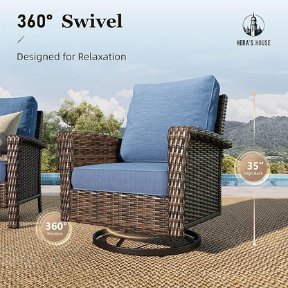 HERA'S HOUSE Outdoor Wicker Swivel Chairs with 5.5" Thick Cushions, 35" High Back Patio Chairs Set of 2, Deck Balcony Backyard Furniture, Navy Blue