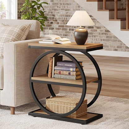 Tribesigns Side End Table with 3 Storage Shelves, Industrial Sofa Table with Round Metal Frame for Living Room, Engineered Wood Nightstand for Bedroom, Oak