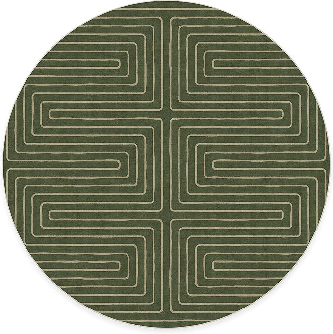 RUGGABLE x Jonathan Adler Machine Washable Area Rug – Labyrinth Fern Green 8 ft Round, Stain-Resistant, Non-Slip – Large Rugs for Living Room, Bedroom, Hallway, Entryway & Office–with Cushioned Pad