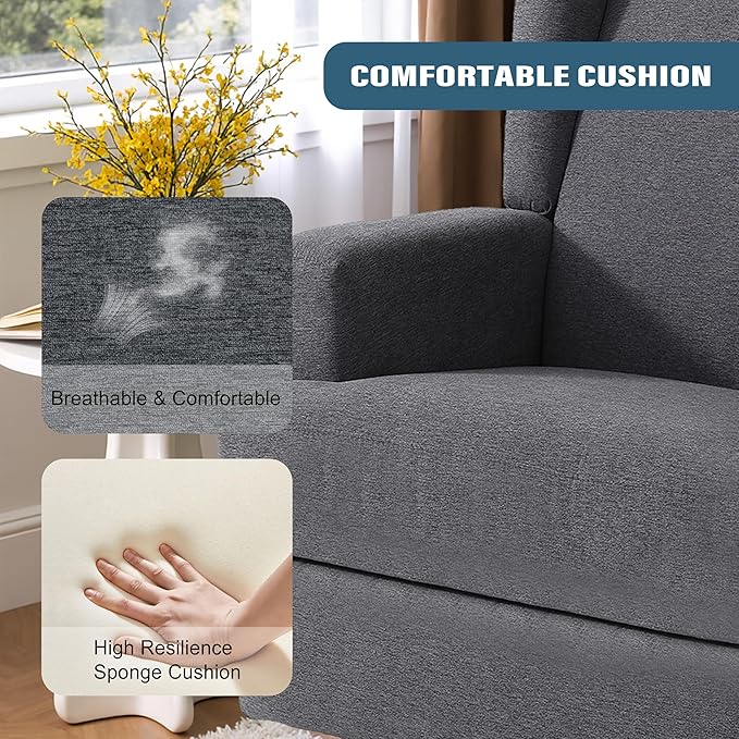 Swivel Glider Recliner Chair for Adults with Deep Seat - High Back Rocker Reclining Accent Chair, Manual Recliner for Living Room & Nursery, Comfortable Upholstered Fabric Armchair-Gray