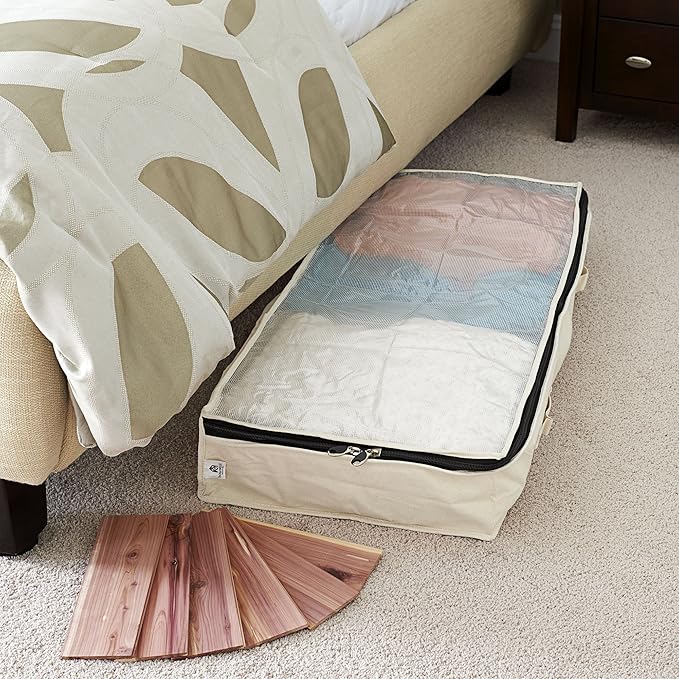 Household Essentials Cedarline Under Bed Storage Bag, Heavy-Duty Cotton Canvas, Textured PEVA Top with Durable 3-Sided Zipper, Front Handles, Foldable, Space-Saving, Natural