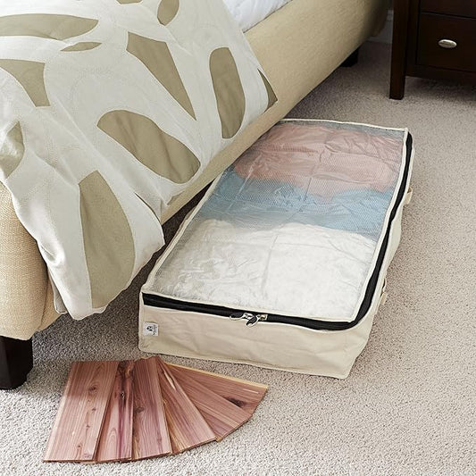 Household Essentials Cedarline Under Bed Storage Bag, Heavy-Duty Cotton Canvas, Textured PEVA Top with Durable 3-Sided Zipper, Front Handles, Foldable, Space-Saving, Natural