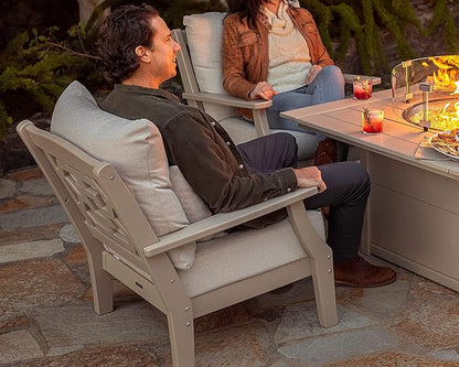 Martha Stewart by POLYWOOD Chinoiserie Outdoor Deep Seating Chair with Cushion, Slate Grey/Natural Linen, Durable and Comfortable HDPE All-Weather Patio Furniture for Deck, Backyard, Made in The USA