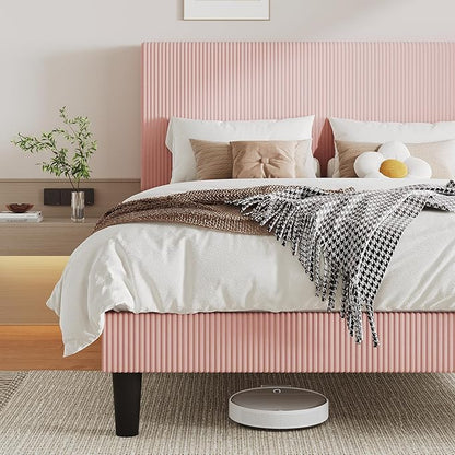 Allewie Queen Size Upholstered Bed Frame with Vertical Channel Tufted Headboard, Soft Corduroy Fabric Platform Bed, Strong Wooden Slats Support, Easy Assembly, No Box Spring Needed, Light Pink