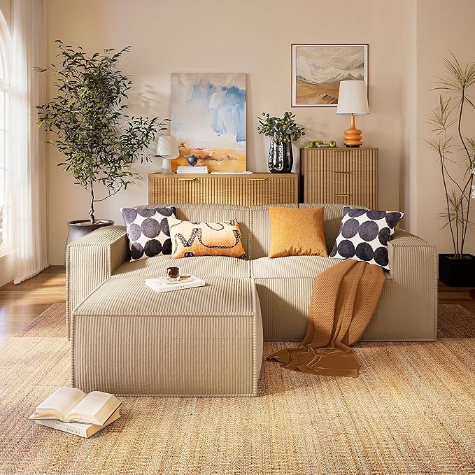 Marsail Modular Sectional Sofa, 80" L-Shaped Modular Sectional Couch with Deep Seat, Freely Combinable Sectional Cloud Sofa for Living Room, No Assembly, Plush Corduroy Fabric, Beige