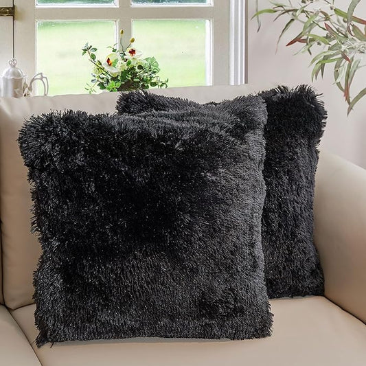 Cheer Collection Throw Pillows for Couch and Bed, Soft Shaggy Throw Pillows with Inserts Included, Cozy Long Hair Faux Fur Pillows - Set of 2-22" x 22" Black