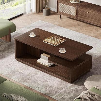 Tribesigns 47.24" Coffee Table with Storage Shelf, Mid-Century Modern Center Table, 3-Tier Rectangle Wooden Tea Table with Thick Base for Living Room, Walnut