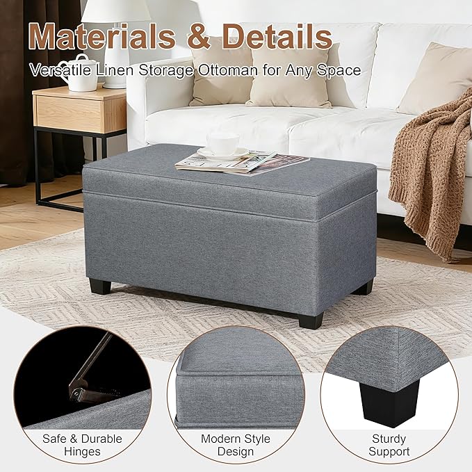 Adeco 31 Inches Storage Ottoman Bench, Non-Folding End of Bed Foot Rest Stools Ottoman with Thicker Foam Padded Seat, Upholstered Storage Chest for Living Room, Entryway, Bedroom