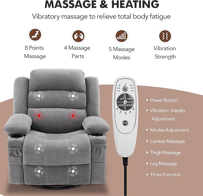 Oversized Recliner Chairs for Adults, 360° Swivel Rocking Recliner with Heat and Massage Lazy Boy Recliner,Recliner Chairs Single Sofa Seat with Cup Holders