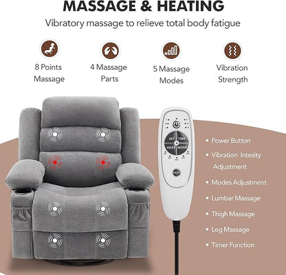 Oversized Recliner Chairs for Adults, 360° Swivel Rocking Recliner with Heat and Massage Lazy Boy Recliner,Recliner Chairs Single Sofa Seat with Cup Holders