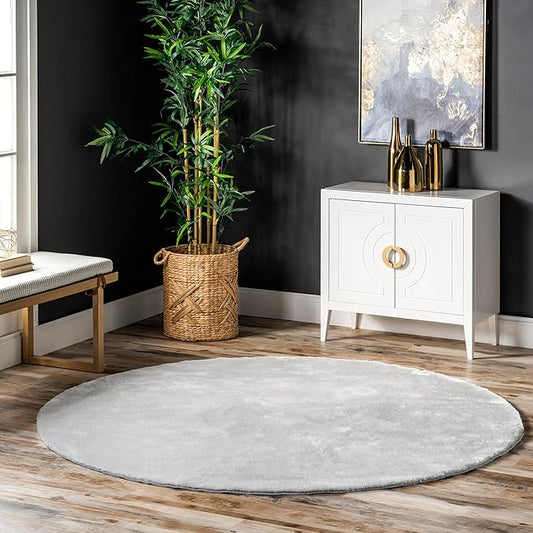 nuLOOM 4' Round Cozy Plush Area Rug, Machine Washable, Non-Slip, Soft Fluffy Shag Carpet for Living Room Bedroom Kids Room Nursery Home Decor, Loni Light Grey