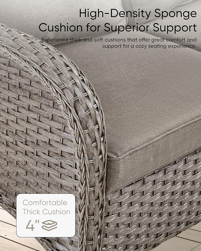Patio Furniture-All Weather Wicker Patio Conversation Sets with Swivel Patio Chairs High Back Outdoor Couch with Swivel Rocking Chairs Outdoor Furniture for Deck Lawn Porch Balcony Poolside-Grey/Grey