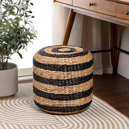 JONATHAN Y TBL2501A Aimee 15.7" Modern Minimalist Alternating Hand-Woven Hyacinth Ottoman for Living Room, Bedroom, Entryway, Foyer, Natural Seagrass Foot Stool, Handwoven Footrest, Natural/Black