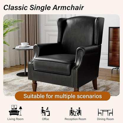 Faux Leather Wingback Accent Chairs Set of 2, High Back Upholstered Armchair, Comfy Fabric Wingback Arms Chairs with Solid Wood Legs, Single Sofa Reading Chair for Bedroom Living Room, Black