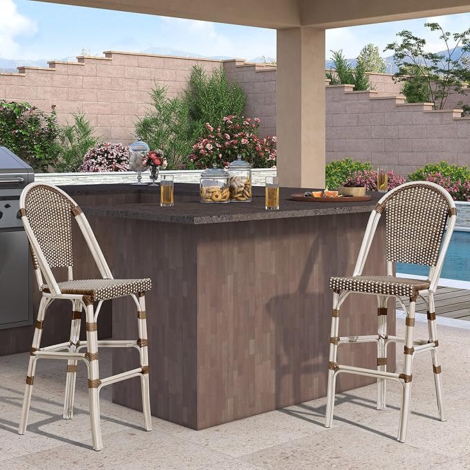 PURPLE LEAF French Bar Stool Set of 4 White Print Finish Patio Bar Stools with Back Rattan Bar Chairs Wicker Bar Height Stool 30" with Footrest Kitchen Island Stools Outdoor Barstool Brown