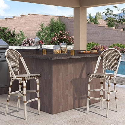 PURPLE LEAF French Bar Stool Set of 2 White Print Finish Patio Bar Stools with Back Rattan Chairs Wicker Bar Height Stool 30" with Footrest Kitchen Island Stools Outdoor Barstool Brown