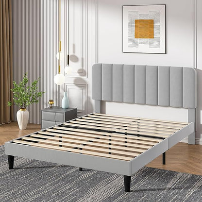 VECELO Full Size Bed Frame with Upholstered Headboard, Velvet Platform Bedframe Mattress Foundation, Strong Wood Slat Support, No Box Spring Needed,Light Grey