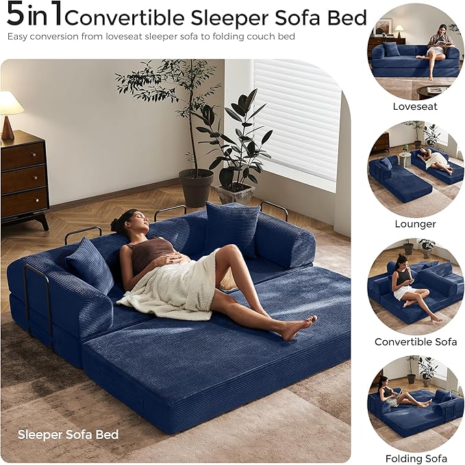 79" Convertible Sofa Bed with Fixed-Shape Frame & Removable Armrests, Modular Corduroy Sleeper Sofa, Folding Mattress Couch for Small Spaces - No Assembly Needed in Navy Blue (Includes 2 Pillows)
