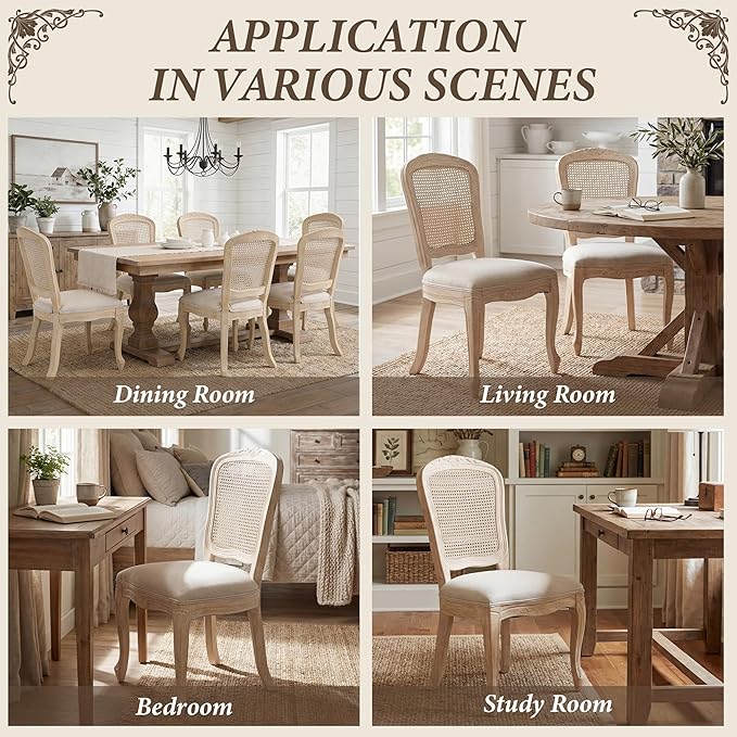 Wicker Dining Chairs Set of 2, Upholstered Linen Fabric Dining Room Chairs with Square High Rattan Back Farmhouse French Kitchen Chairs for Dining Table/Living Room/Restaurant, White