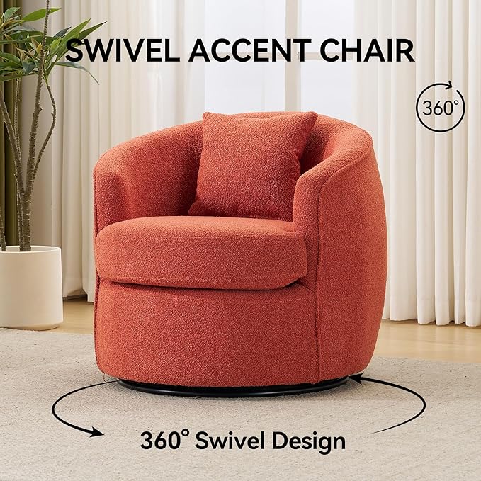 Swivel Accent Chair Set of 2, Modern Upholstered Boucle Barrel Arm Chairs with Pillow for Living Room, 360 Degree Round Swivel Sherpa Armchair with Round Base for Bedroom Club (2, Orange)
