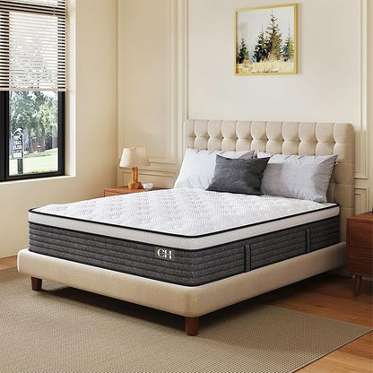 CH CHARME HOUSE King Size Mattress, 12 Inch Hybrid Mattress King Size, Medium Feel Foam and Individual Pocket Springs, Extra Edge Support, Pressure Relief, CertiPUR-US
