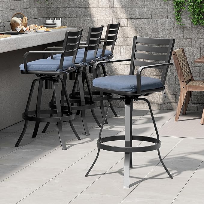 Pellebant 29.5" Outdoor Bar Stools Set of 8, Aluminum Swivel Patio Bar Height Stools with Footrest & Backrest, Rust-Proof Patio Bar Stool Chairs for Deck Backyard, Spectrum Denim