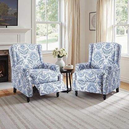 Pushback Recliner Chair, Floral Fabric Wingback Recliner Chair, Upholstered Armchair Push Back Recliner, Rivet Trim Single Sofa Accent Chair with Wood Legs for Living Room, Navy