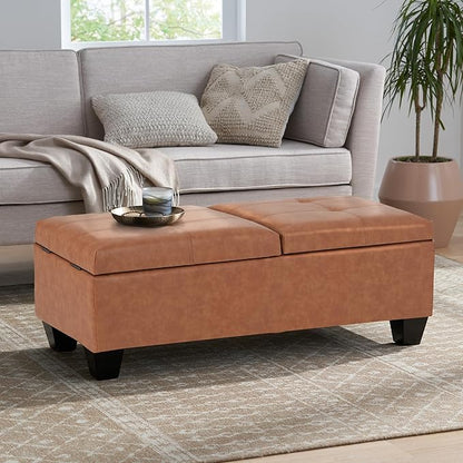 Christopher Knight Home Lanister Faux Leather Upholstered Storage Ottoman Bench, Wooden Rectangular Ottoman with Storage, Living Room Ottoman Coffee Table, Sofa Footstool, Tan Brown