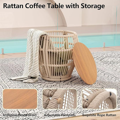 Modern Living Room Chairs, Accent Chairs Set of 2 with Coffee Table, Comfy Arm Chair with Cushions, Rattan Reading Lounge Chair with Metal Frame, Armchair for Bedrooom/Indoor/Outdoor, Beige