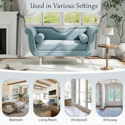 Christopher Knight Home Aurora Velvet Chaise Lounge Indoor with 2 Bolster Pillows, Upholstery Entryway Bench with Nailhead Trim & Curved Arms, End of Bed Bench Ottoman and Wooden Legs, Light Blue