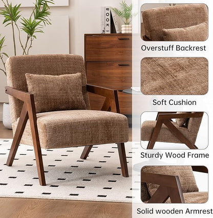 Mid-Century Modern Accent Chair Set of 2 with Solid Wood Frame，Upholstered Chenille Living Room Arm Chairs with Pillow for Bedroom, Living Room, Reading Room, Balcony, Brown