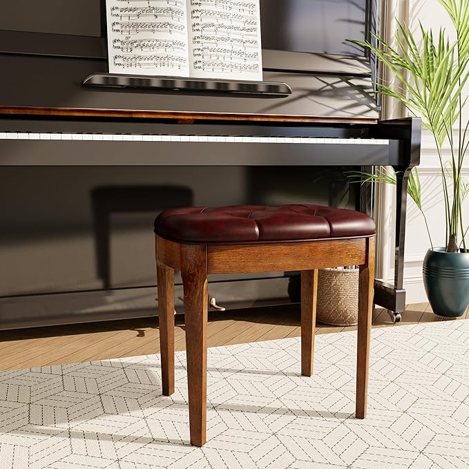 MODERION Vanity Stool Bench with Upholstered, Modern Luxury Wood Stool ,Ottoman Shoe Bench for Living Room, Vanity, Entryway, 19.3"L x 14.9"W x 19.3"H Easy Assembly, Beeswax Leg & Wine Red FD-HNY-WR